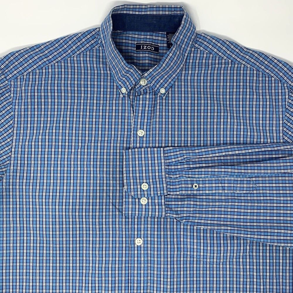 IZOD Blue Plaid Cotton Long Sleeve Button Up Men's Shirt Size Large